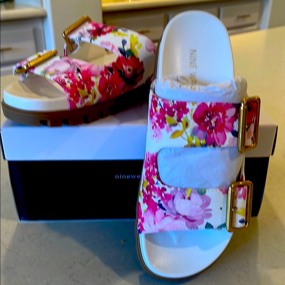 Nine West Pink and Red Floral Sandals